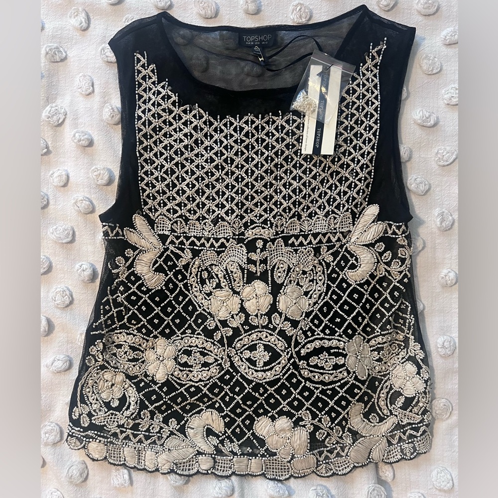 Topshop Black Blouse with Intricate White Embroidery and Beading